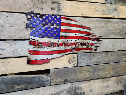 Tattered, Distressed, Battle worn flag In God We Trust