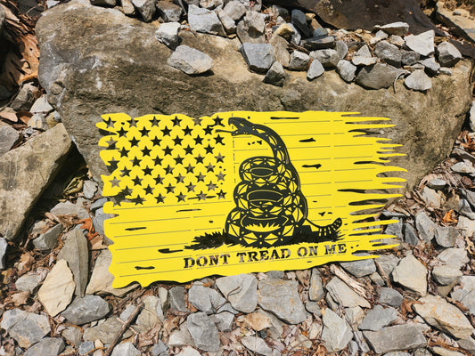 Gadsden tattered, battle worn, distressed metal flag with don't tread on me