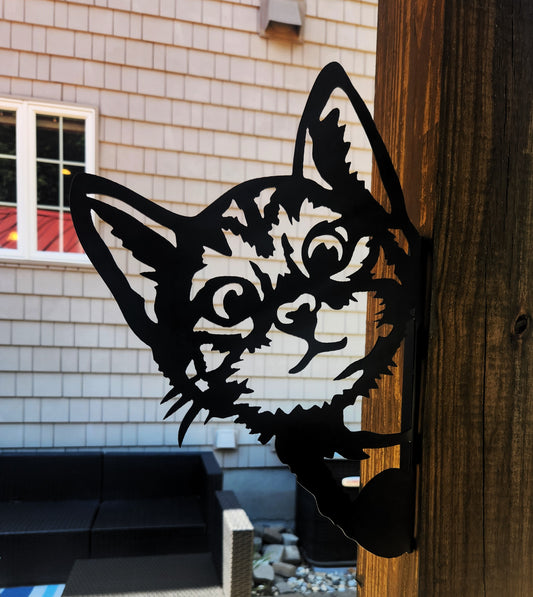 peeking cat metal wall animal sign