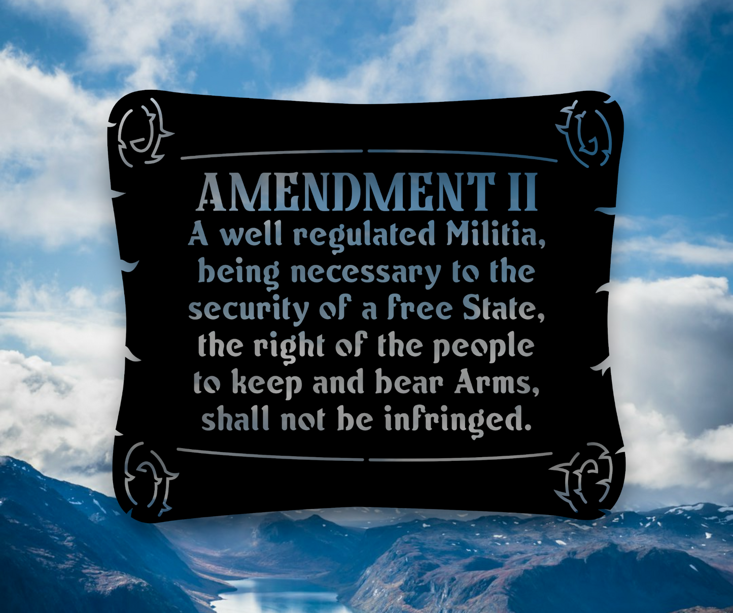 Second Amendment written on scroll, right to bear arms metal sign