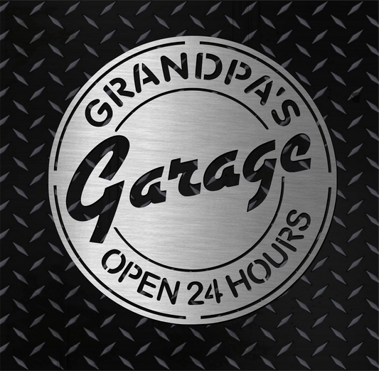 Grandpa's Garage Open 24 Hours metal sign