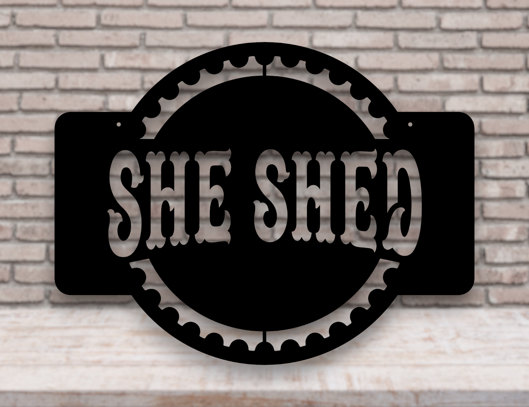 she shed with gear border metal sign