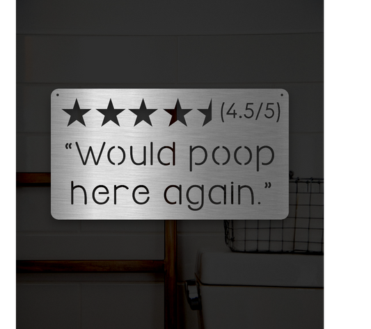 would poop here again metal sign. 4 1/2 star rating. Funny bathrrom sign